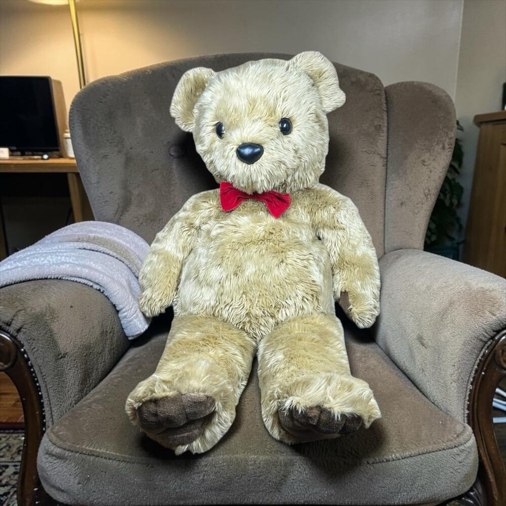 Vtg Large Jumbo Stuffed Plush‎ Tan Teddy Bear Red Bow Tie 40" Faux Leather Nose